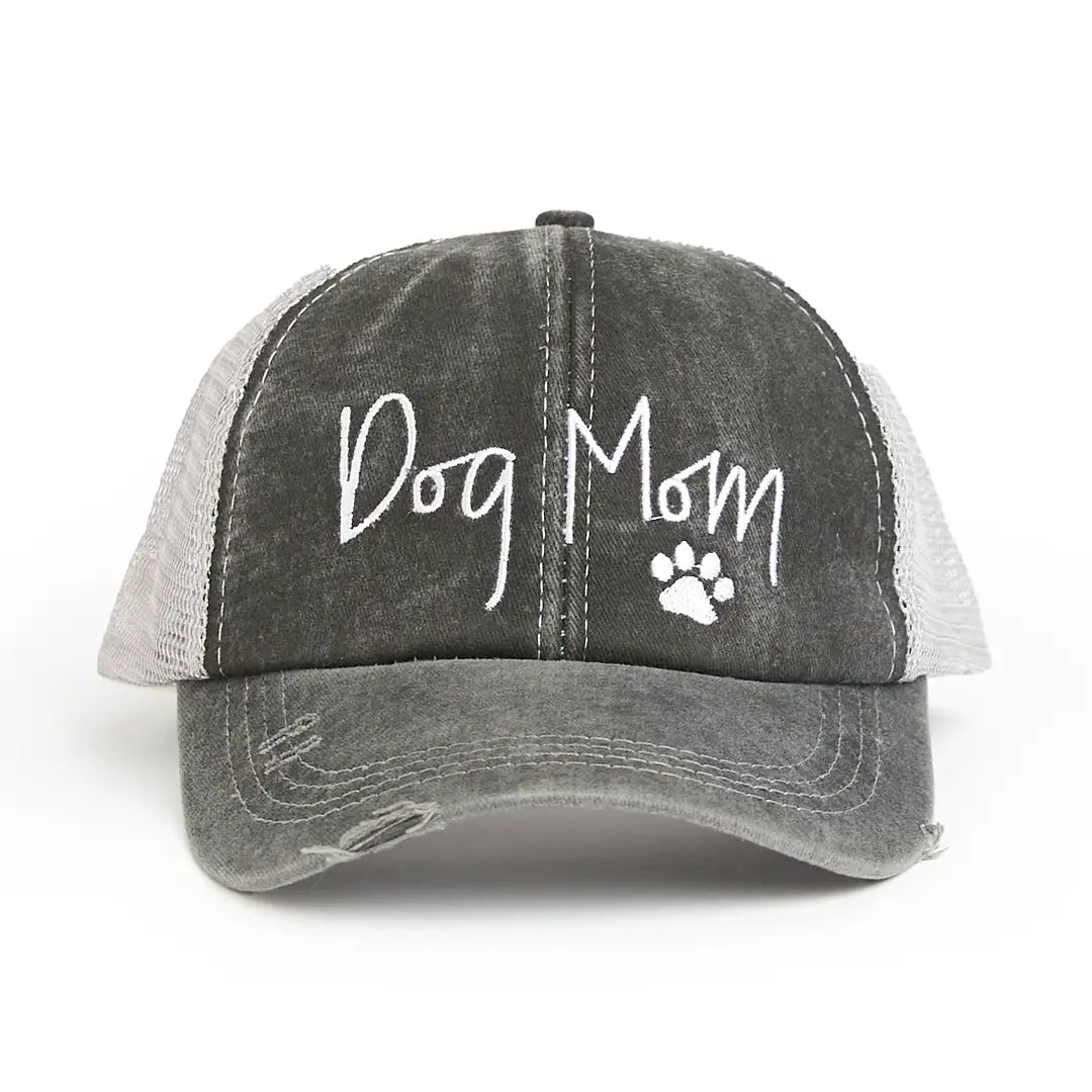 Embroidered Dog Mom Hat Cap Distressed Ponytail