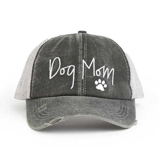 Embroidered Dog Mom Hat Cap Distressed Ponytail